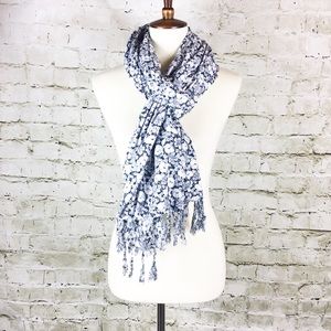 Navy Blue & White Floral Fringe Scarf